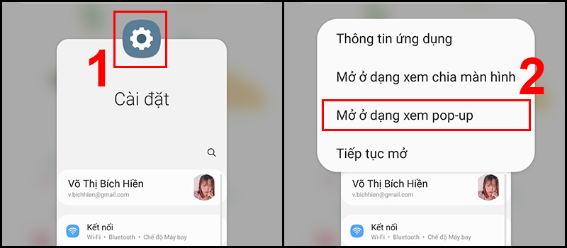 Thao tác mở ứng dụng ở dạng xem pop-up